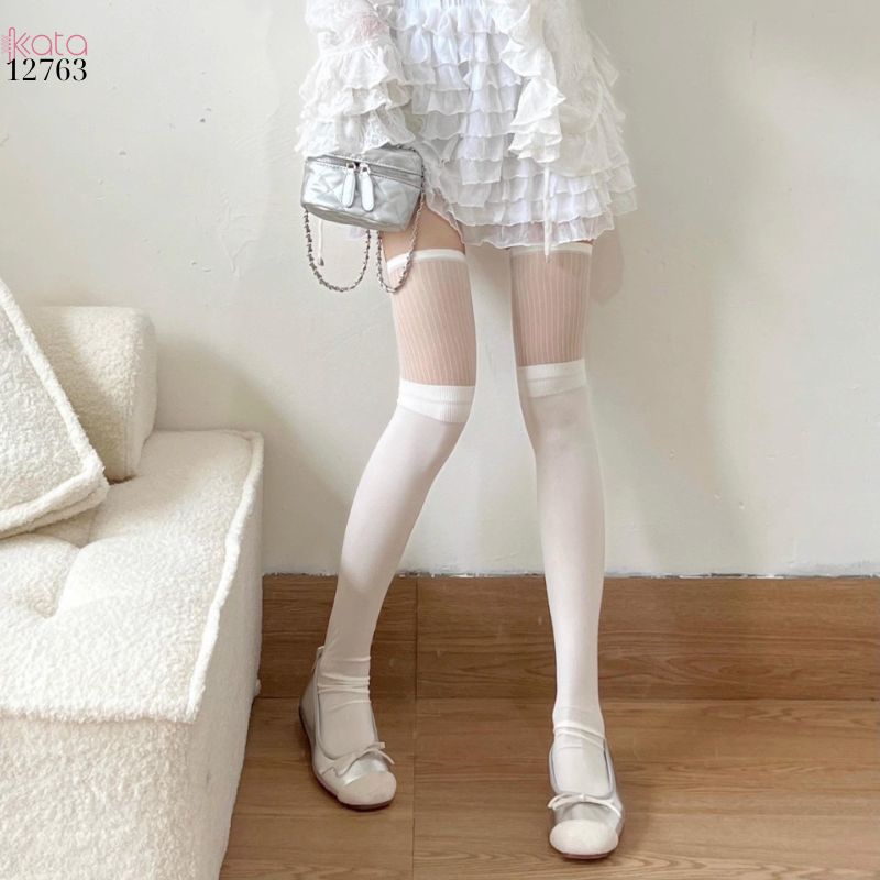 Tất đùi mỏng trên đầu gối,tất JK lolita hot girl lụa đen sọc dọc xuân hè nữ 12763