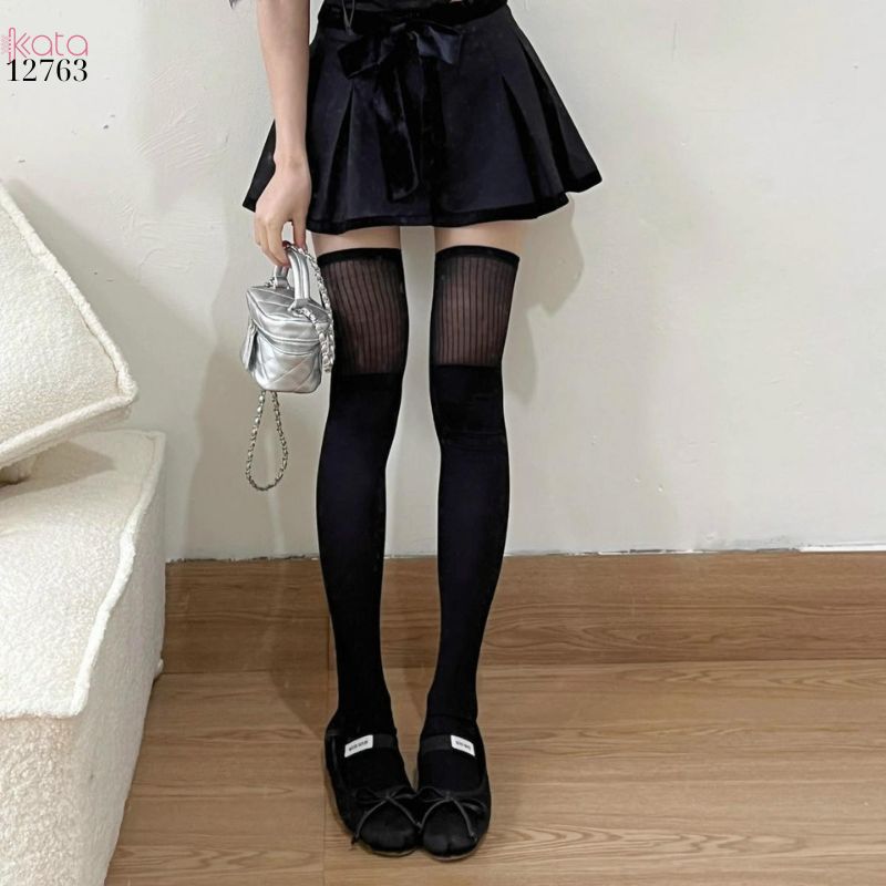 Tất đùi mỏng trên đầu gối,tất JK lolita hot girl lụa đen sọc dọc xuân hè nữ 12763