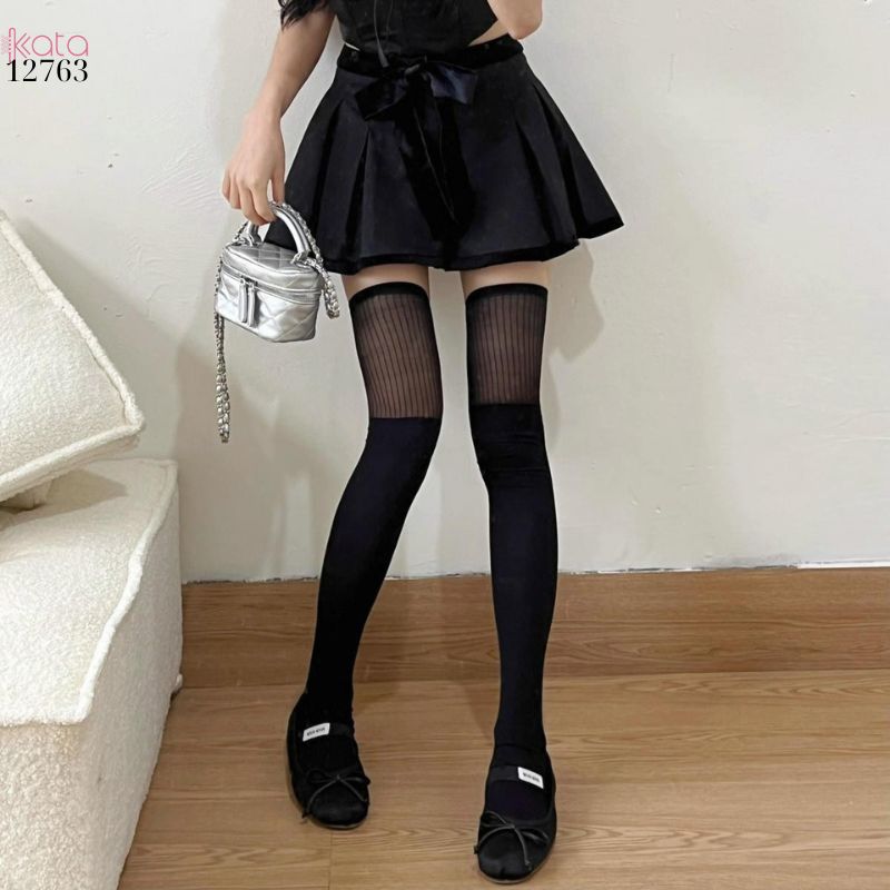 Tất đùi mỏng trên đầu gối,tất JK lolita hot girl lụa đen sọc dọc xuân hè nữ 12763