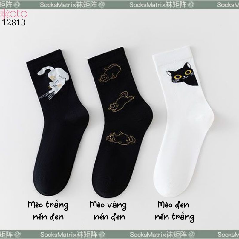 Tất vớ hoạt hình gia đình mèo,tất giữa bắp chân phong cách Hàn Quốc nữ 12813