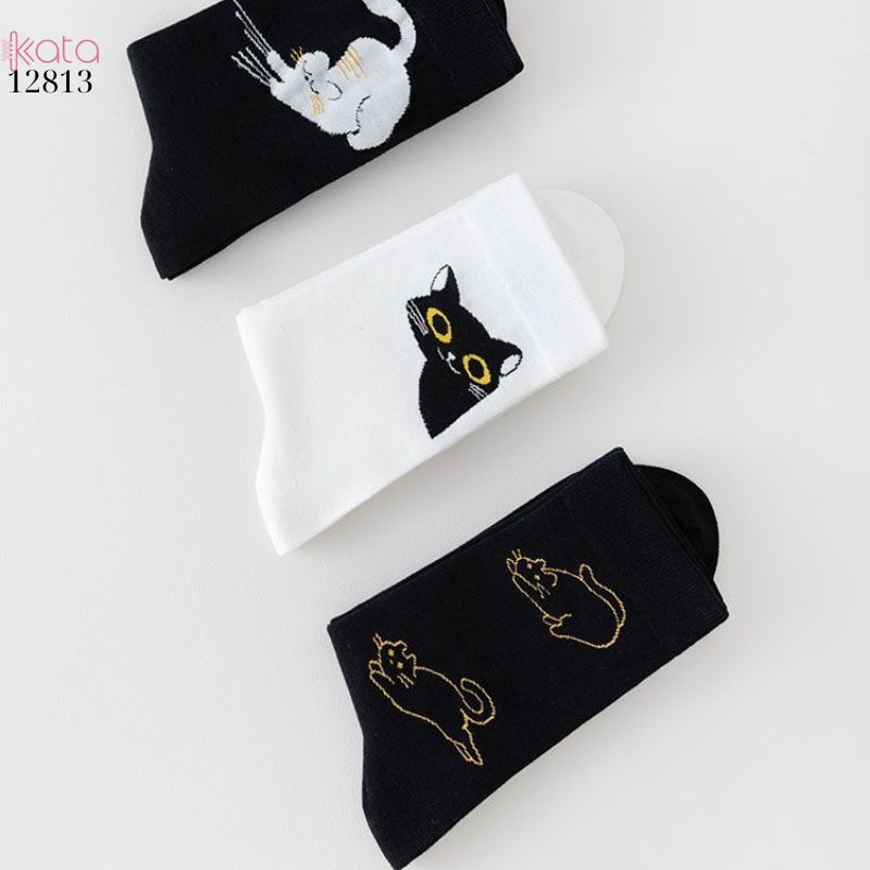 Tất vớ hoạt hình gia đình mèo,tất giữa bắp chân phong cách Hàn Quốc nữ 12813