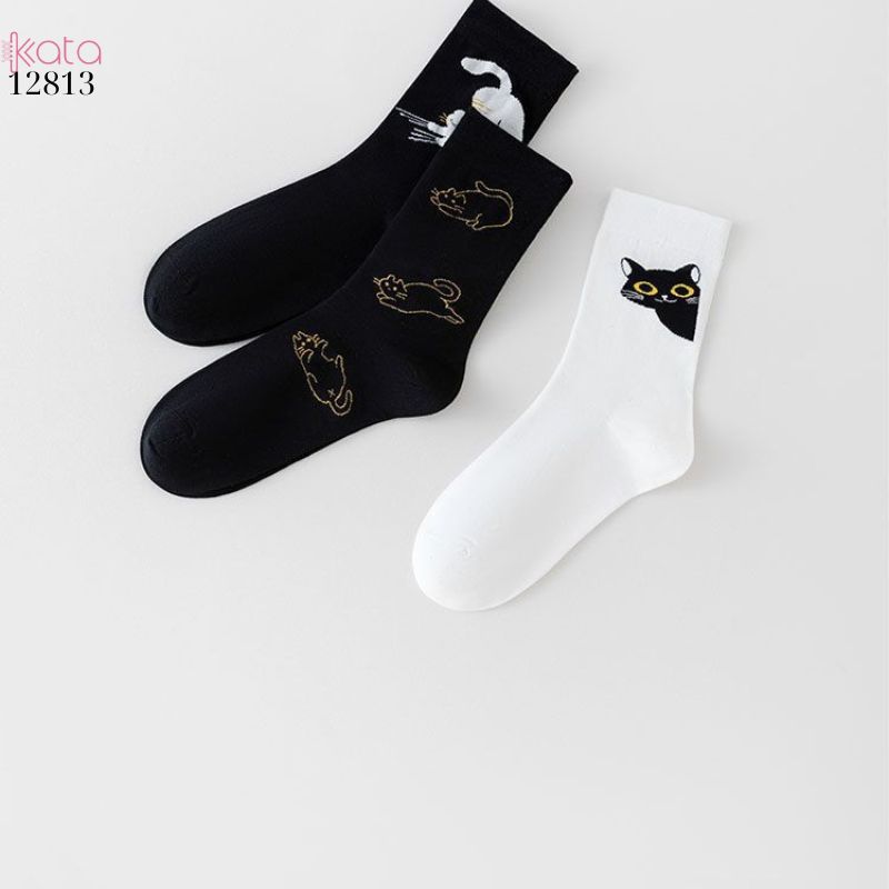 Tất vớ hoạt hình gia đình mèo,tất giữa bắp chân phong cách Hàn Quốc nữ 12813