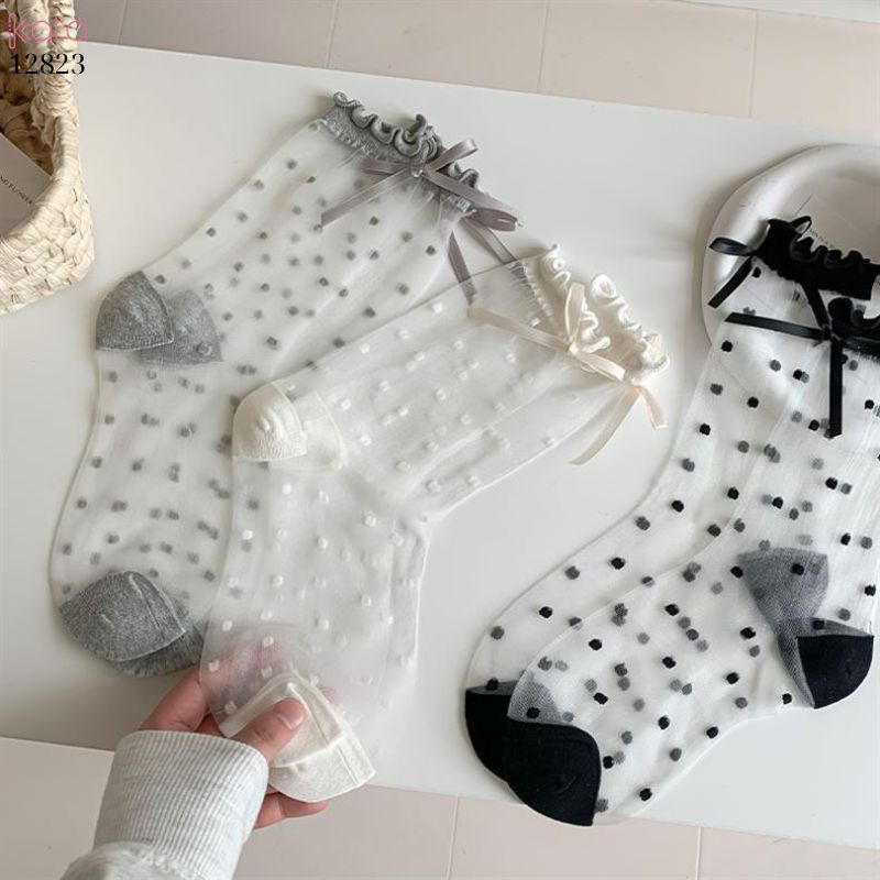 Tất mỏng trong suốt,tất nơ chấm bi nữ mùa hè phong cách Nhật bản 12823