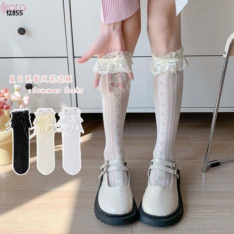 Tất ren ruy băng mỏng Lolita,vớ bắp chân phong cách  phong cách Mary Jane JK 12855