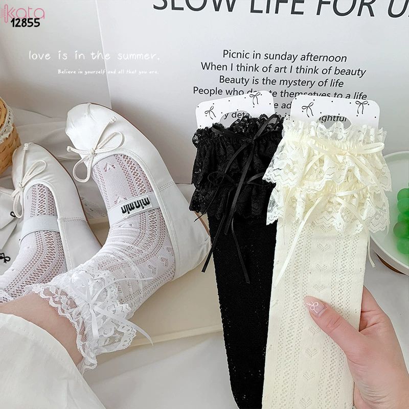 Tất ren ruy băng mỏng Lolita,vớ bắp chân phong cách  phong cách Mary Jane JK 12855