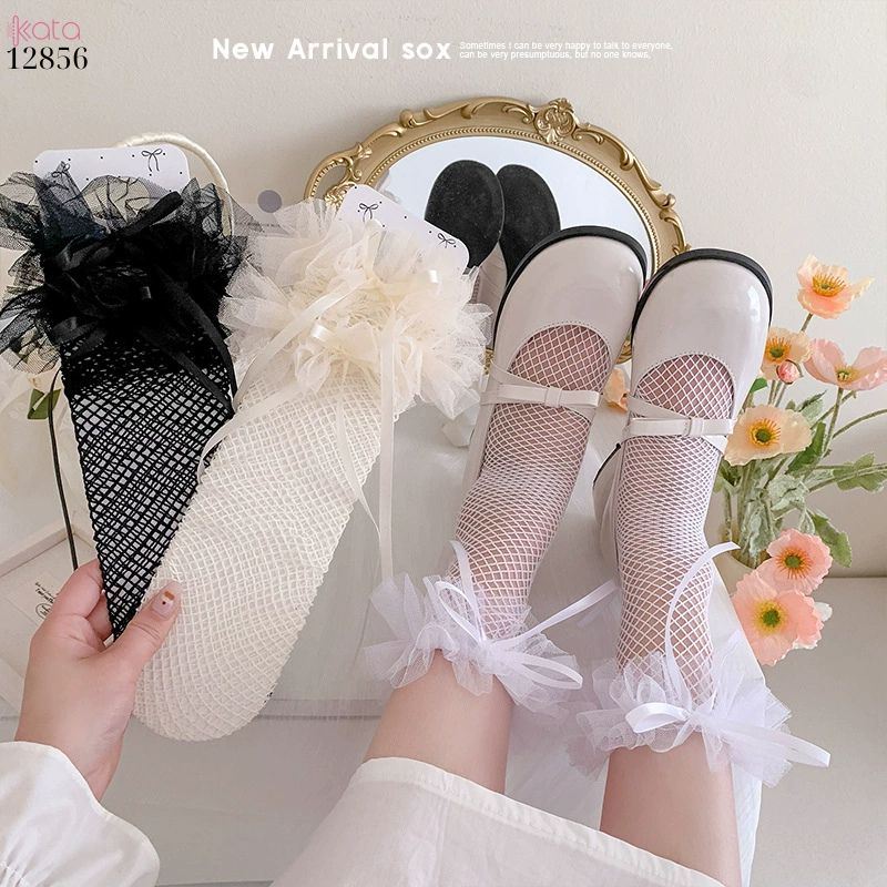 Tất lưới lolita trên gối,vớ nơ ren cao cấp nữ mùa hè 12856