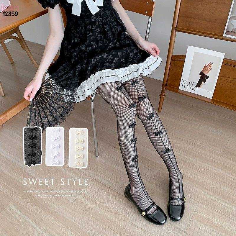 Quần tất lưới nơ lolita,Bow legging mùa hè thoáng khí phong cách JK Nhật Bản 12859