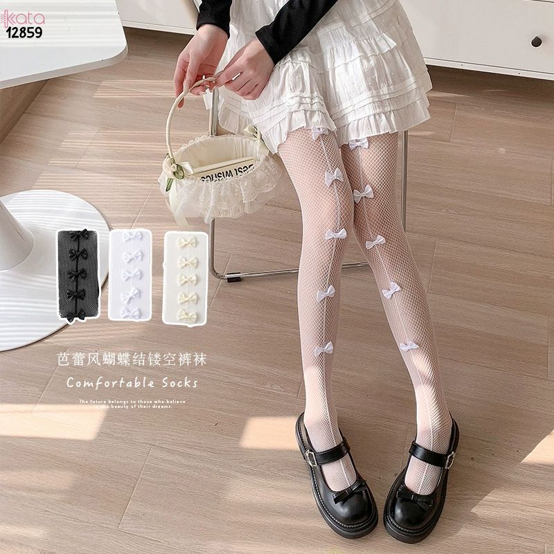 Quần tất lưới nơ lolita,Bow legging mùa hè thoáng khí phong cách JK Nhật Bản 12859