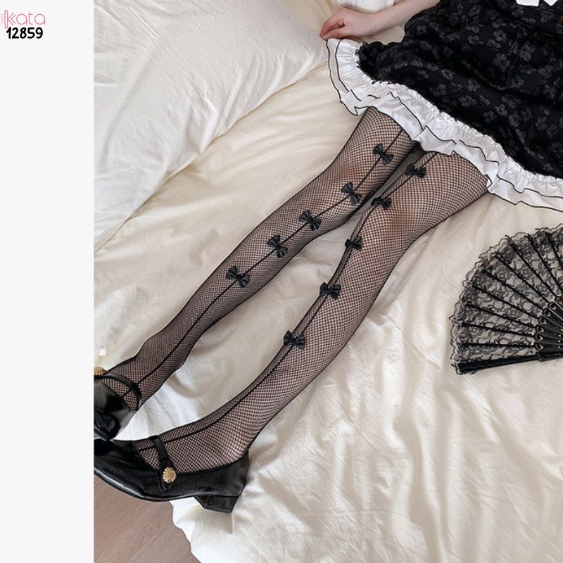 Quần tất lưới nơ lolita,Bow legging mùa hè thoáng khí phong cách JK Nhật Bản 12859