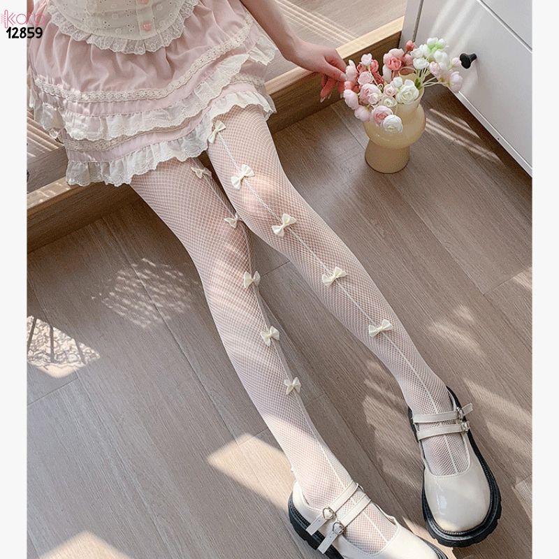 Quần tất lưới nơ lolita,Bow legging mùa hè thoáng khí phong cách JK Nhật Bản 12859
