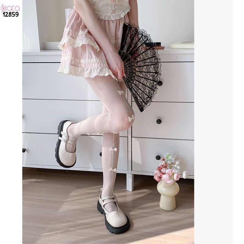 Quần tất lưới nơ lolita,Bow legging mùa hè thoáng khí phong cách JK Nhật Bản 12859