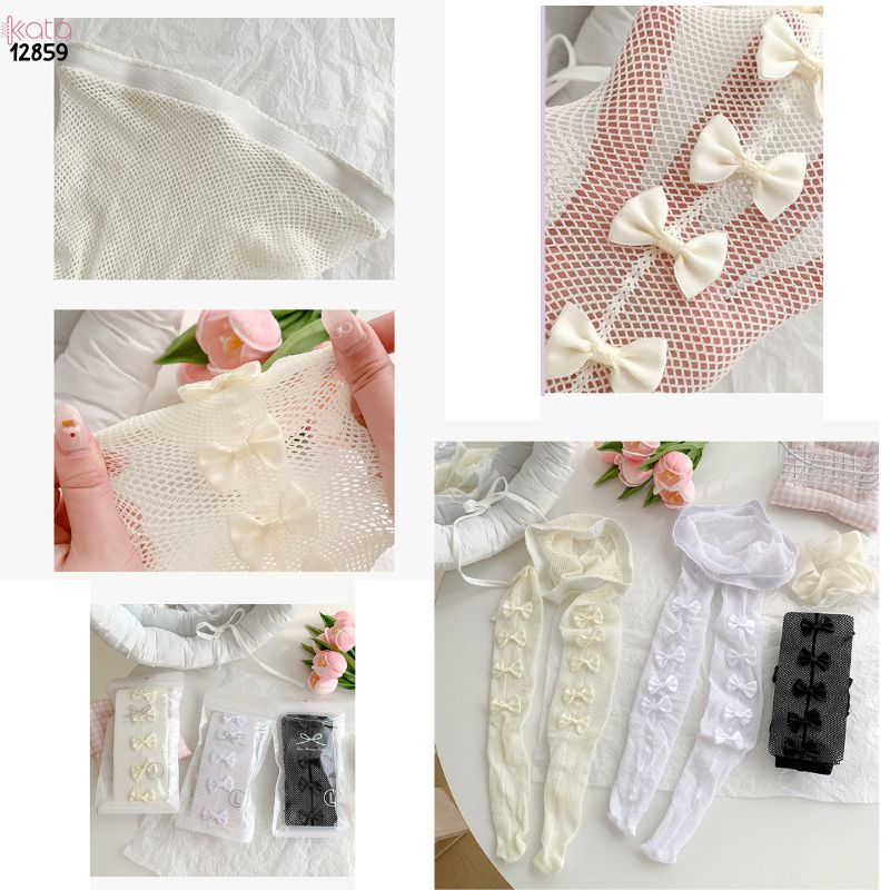 Quần tất lưới nơ lolita,Bow legging mùa hè thoáng khí phong cách JK Nhật Bản 12859