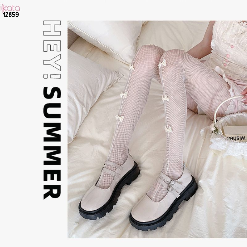 Quần tất lưới nơ lolita,Bow legging mùa hè thoáng khí phong cách JK Nhật Bản 12859