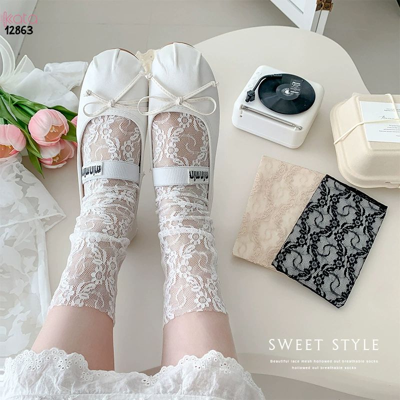 Tất ren mỏng mùa hè,vớ Lolita hoa nhỏ giữa bắp chân cao cấp 12863