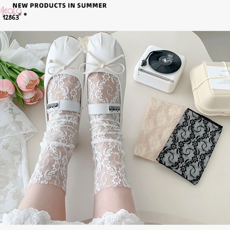 Tất ren mỏng mùa hè,vớ Lolita hoa nhỏ giữa bắp chân cao cấp 12863