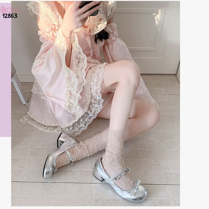 Tất ren mỏng mùa hè,vớ Lolita hoa nhỏ giữa bắp chân cao cấp 12863