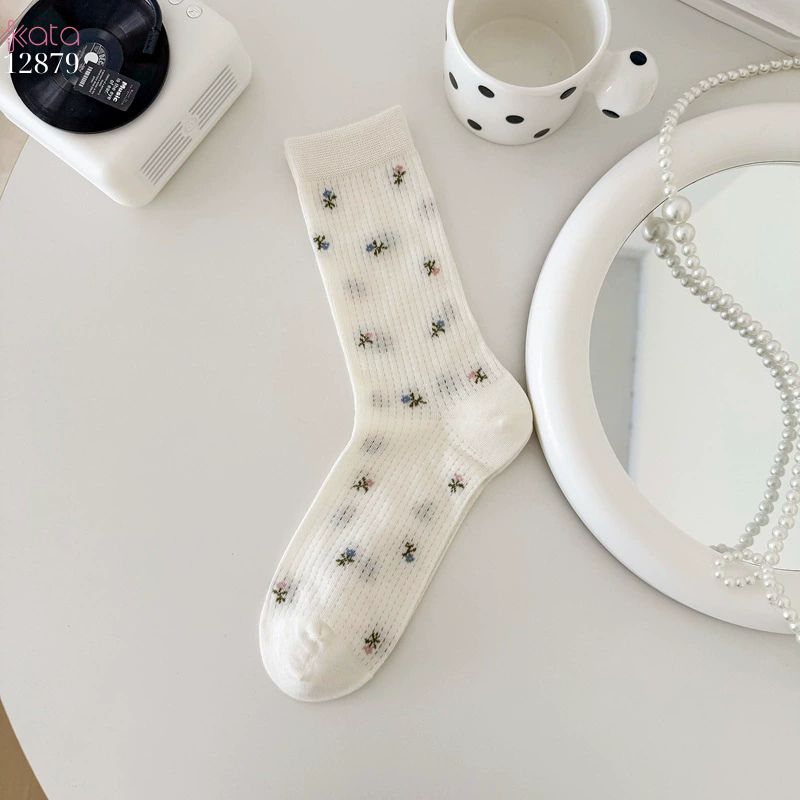 Tất bông mềm mịn hoa retro,vớ giữa bắp chân lưới thoáng khí xuân hè 12879