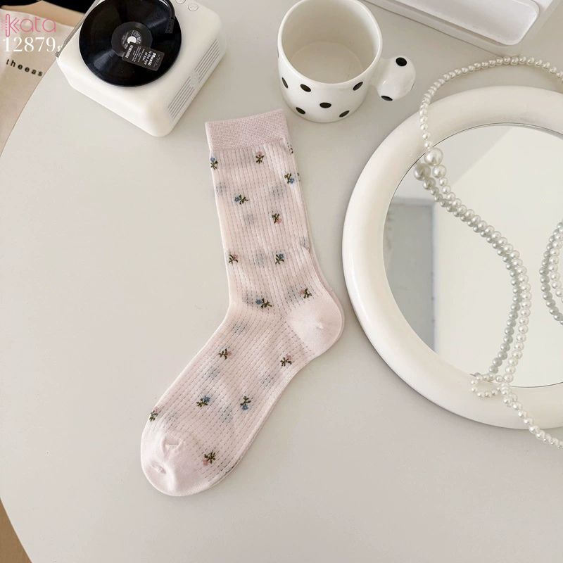 Tất bông mềm mịn hoa retro,vớ giữa bắp chân lưới thoáng khí xuân hè 12879