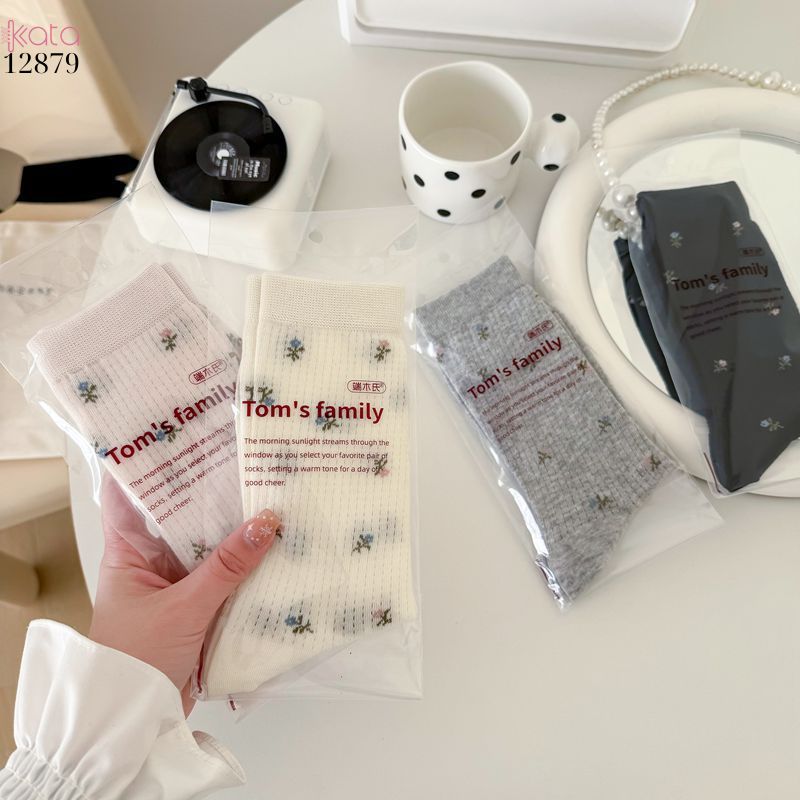 Tất bông mềm mịn hoa retro,vớ giữa bắp chân lưới thoáng khí xuân hè 12879