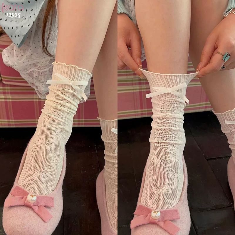 Tất ren trắng, nơ mỏng mùa hè,vớ hoa lan phong cách ba lê,Mary Jane 12925