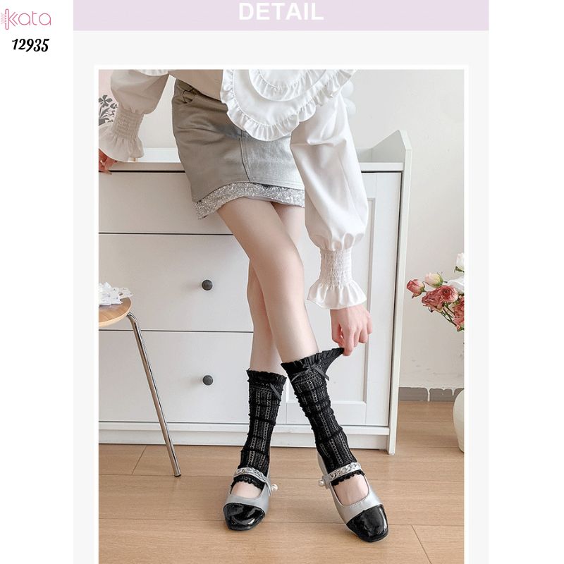 Ống tất nơ lolita,vớ đi bốt, ống chân vải ren ruy băng 12935