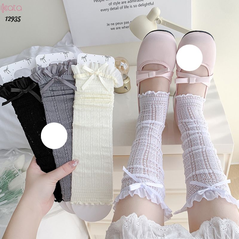 Ống tất nơ lolita,vớ đi bốt, ống chân vải ren ruy băng 12935