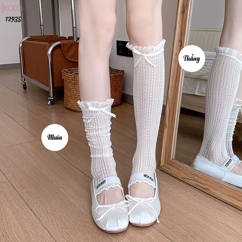 Ống tất nơ lolita,vớ đi bốt, ống chân vải ren ruy băng 12935
