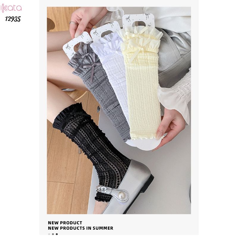 Ống tất nơ lolita,vớ đi bốt, ống chân vải ren ruy băng 12935