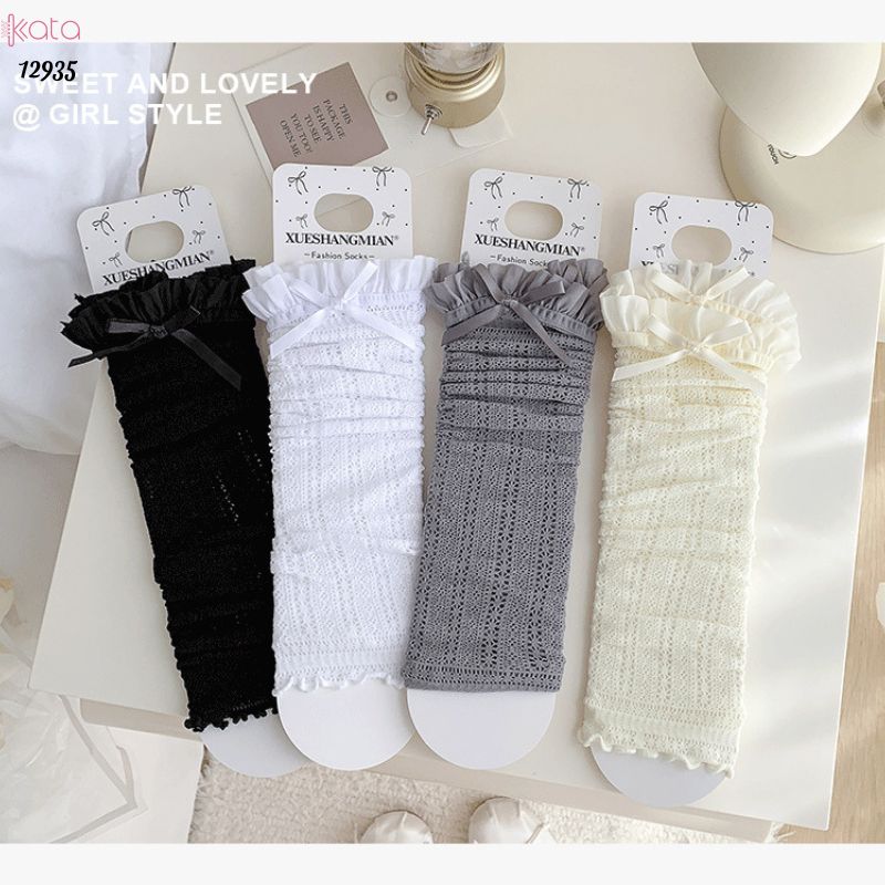 Ống tất nơ lolita,vớ đi bốt, ống chân vải ren ruy băng 12935