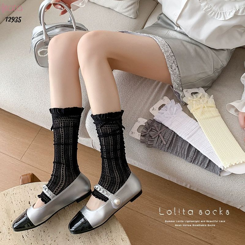 Ống tất nơ lolita,vớ đi bốt, ống chân vải ren ruy băng 12935