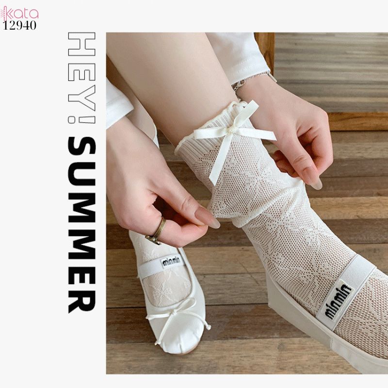Tất ren mỏng công chúa lolita,vớ nữ bắp chân nơ cutout 12940