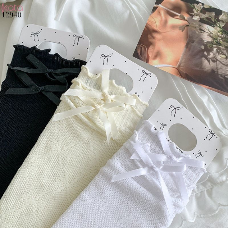 Tất ren mỏng công chúa lolita,vớ nữ bắp chân nơ cutout 12940