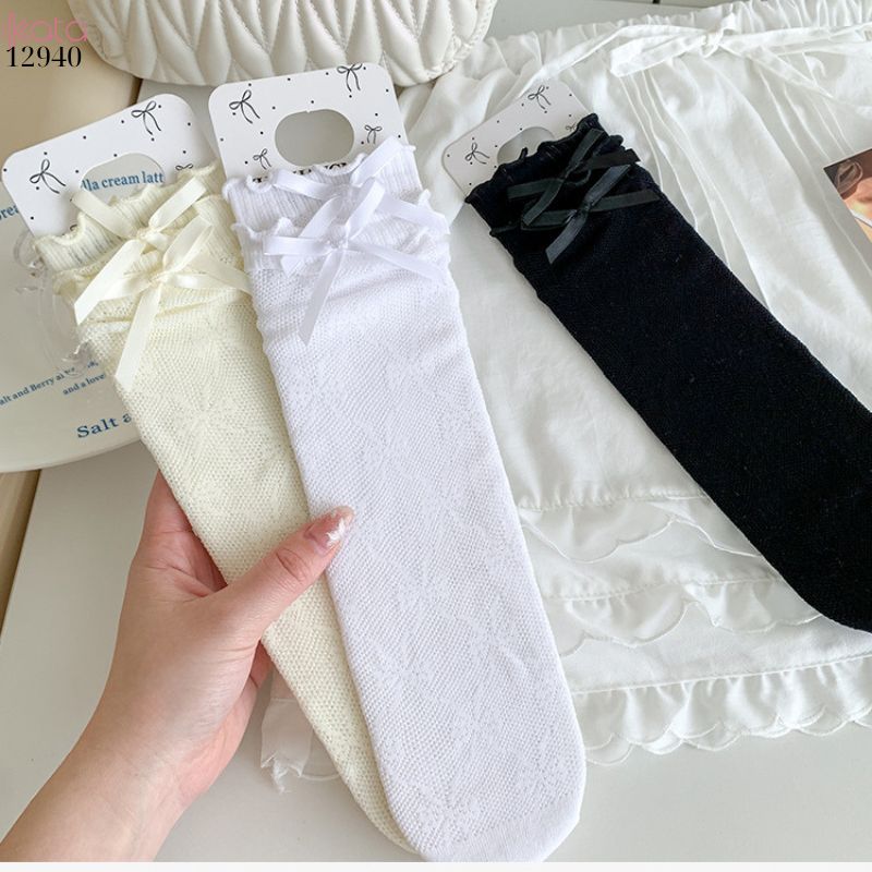 Tất ren mỏng công chúa lolita,vớ nữ bắp chân nơ cutout 12940