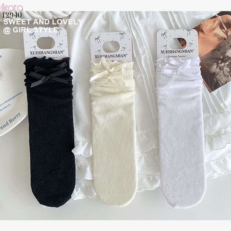 Tất ren mỏng công chúa lolita,vớ nữ bắp chân nơ cutout 12940