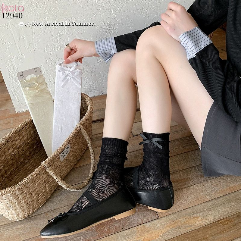 Tất ren mỏng công chúa lolita,vớ nữ bắp chân nơ cutout 12940