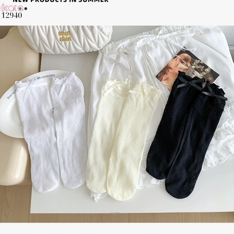 Tất ren mỏng công chúa lolita,vớ nữ bắp chân nơ cutout 12940