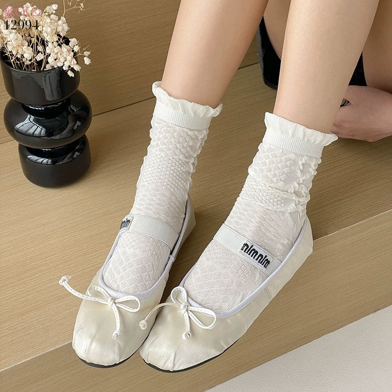 Tất ren bông mềm mịn,vớ trắng JK mùa hè lưới mỏng không đường may 12994