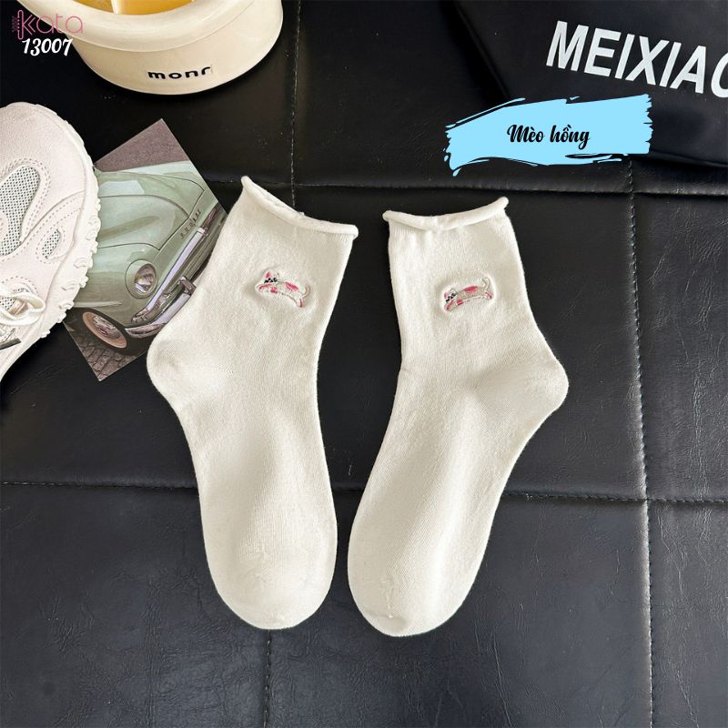 Tất cuộn mép thêu hình,vớ bông mềm mịn thấm hút mồ hôi 13007
