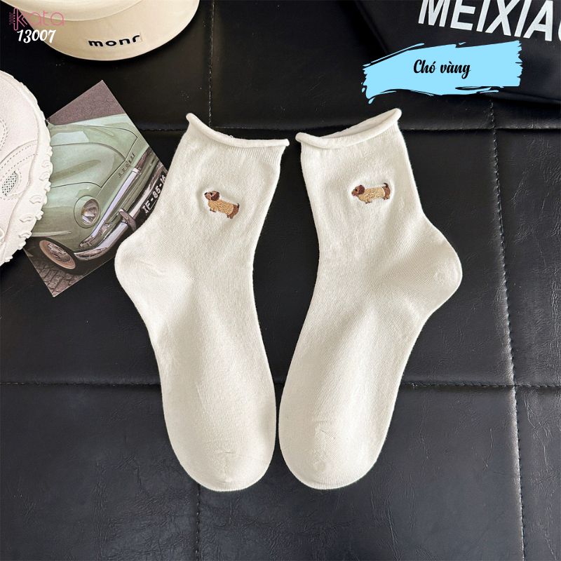 Tất cuộn mép thêu hình,vớ bông mềm mịn thấm hút mồ hôi 13007