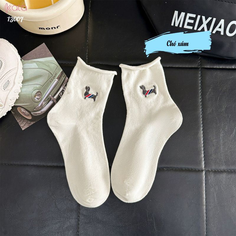 Tất cuộn mép thêu hình,vớ bông mềm mịn thấm hút mồ hôi 13007