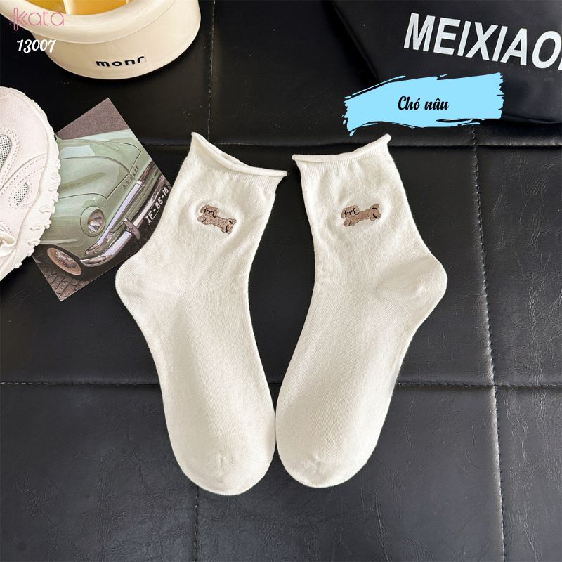 Tất cuộn mép thêu hình,vớ bông mềm mịn thấm hút mồ hôi 13007