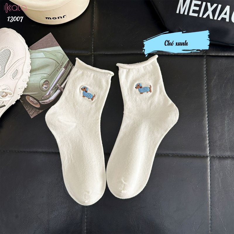 Tất cuộn mép thêu hình,vớ bông mềm mịn thấm hút mồ hôi 13007