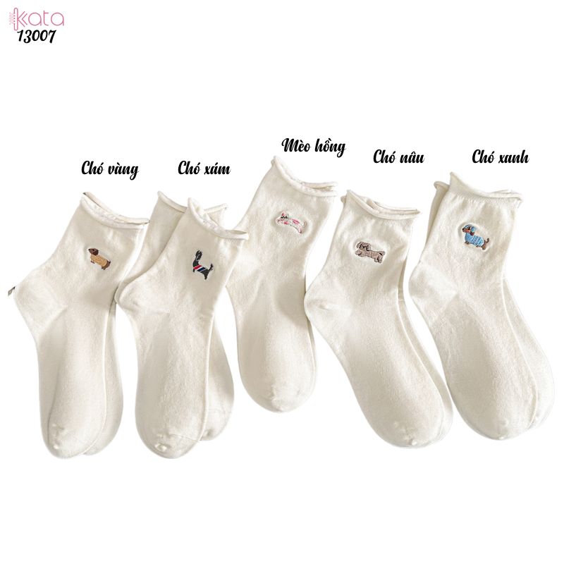Tất cuộn mép thêu hình,vớ bông mềm mịn thấm hút mồ hôi 13007