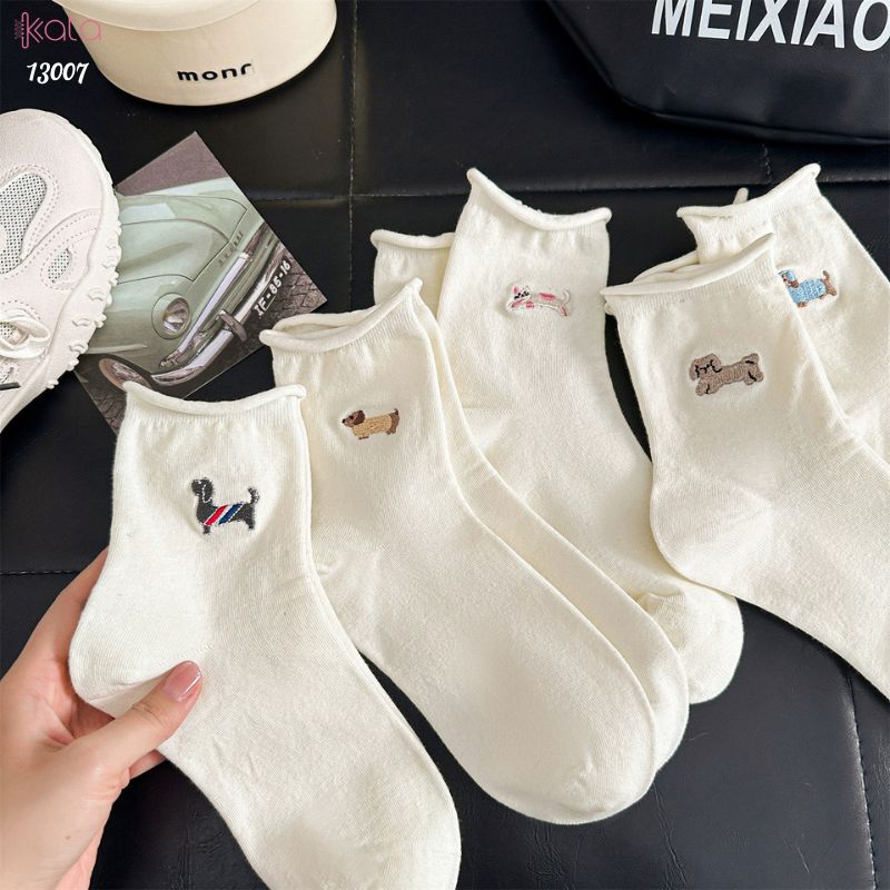 Tất cuộn mép thêu hình,vớ bông mềm mịn thấm hút mồ hôi 13007