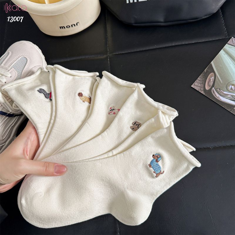 Tất cuộn mép thêu hình,vớ bông mềm mịn thấm hút mồ hôi 13007