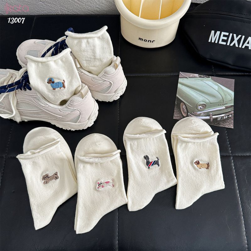 Tất cuộn mép thêu hình,vớ bông mềm mịn thấm hút mồ hôi 13007