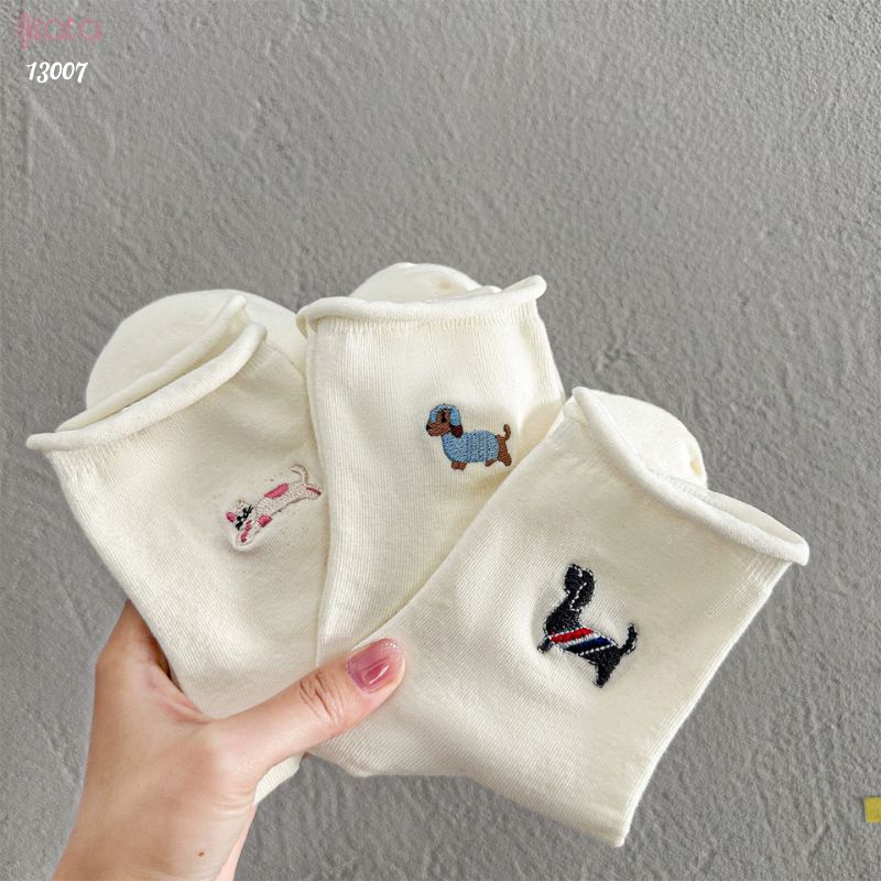 Tất cuộn mép thêu hình,vớ bông mềm mịn thấm hút mồ hôi 13007