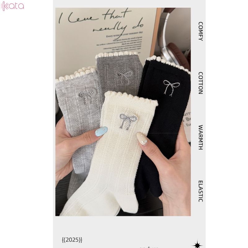 Tất nơ giữa bắp chân thoáng khí,vớ bông mềm mịn kháng khuẩn, chống ma sát không đường may 13041