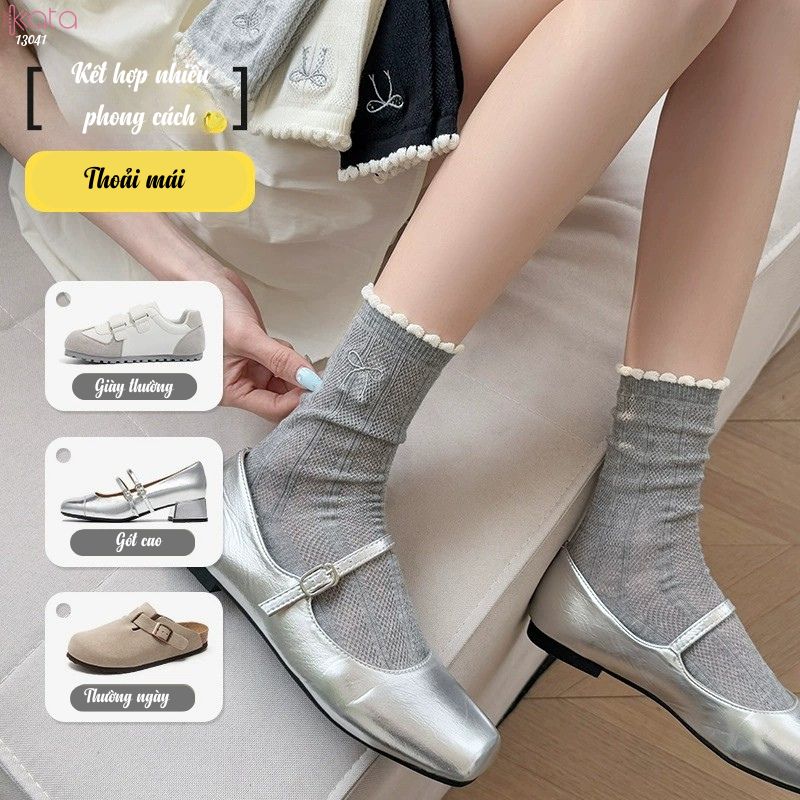 Tất nơ giữa bắp chân thoáng khí,vớ bông mềm mịn kháng khuẩn, chống ma sát không đường may 13041