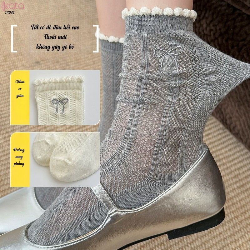 Tất nơ giữa bắp chân thoáng khí,vớ bông mềm mịn kháng khuẩn, chống ma sát không đường may 13041